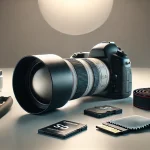 essential tools for action photography on a minimalist surface. The scene features a professional DSLR camera with a telephoto lens, a memory card, a camera strap, and a lens cleaning cloth, all neatly arranged. 