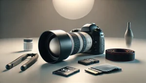 essential tools for action photography on a minimalist surface. The scene features a professional DSLR camera with a telephoto lens, a memory card, a camera strap, and a lens cleaning cloth, all neatly arranged. 