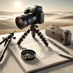 essential tools for mastering angles and framing in landscape photography on a minimalist surface. The scene features a professional DSLR camera, a tripod, a notebook with composition sketches, and a compass, all neatly arranged.