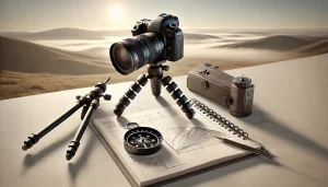 essential tools for mastering angles and framing in landscape photography on a minimalist surface. The scene features a professional DSLR camera, a tripod, a notebook with composition sketches, and a compass, all neatly arranged.