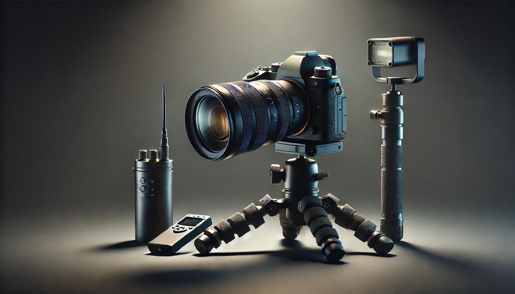 essential tools for night photography on a minimalist surface. The scene features a professional DSLR camera equipped with a wide-aperture lens, a sturdy tripod, a remote shutter release, and a flashlight for light painting.