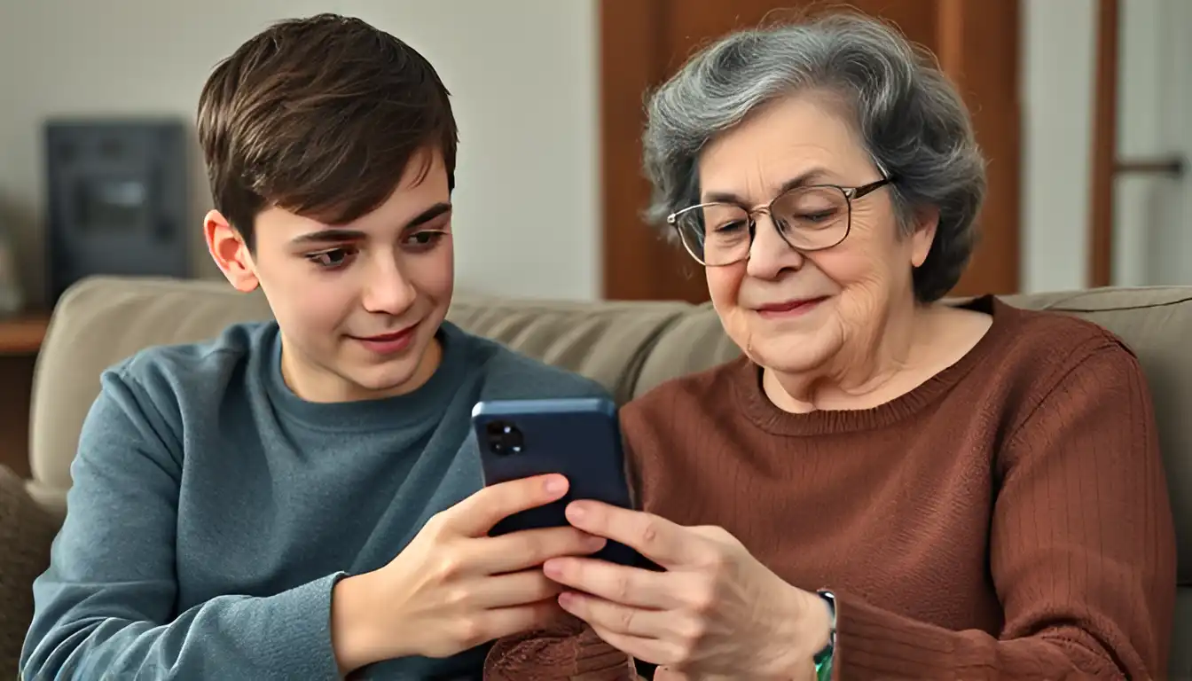 A teenage boy is sitting next to his grandmother and shows her his phone screen (explaining how to install the tracking app).