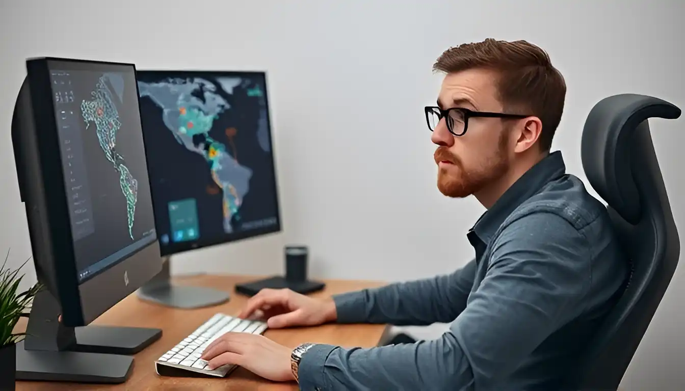 A puzzled male user sits in front of his PC and tries to track the location of his lost device on a map.