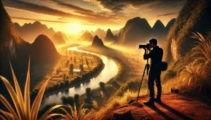 A professional travel photographer equipped with a DSLR camera and a tripod is capturing a stunning sunset over a scenic landscape.