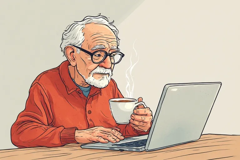 Elderly man is sitting at the table drinking tea and looking at his laptop