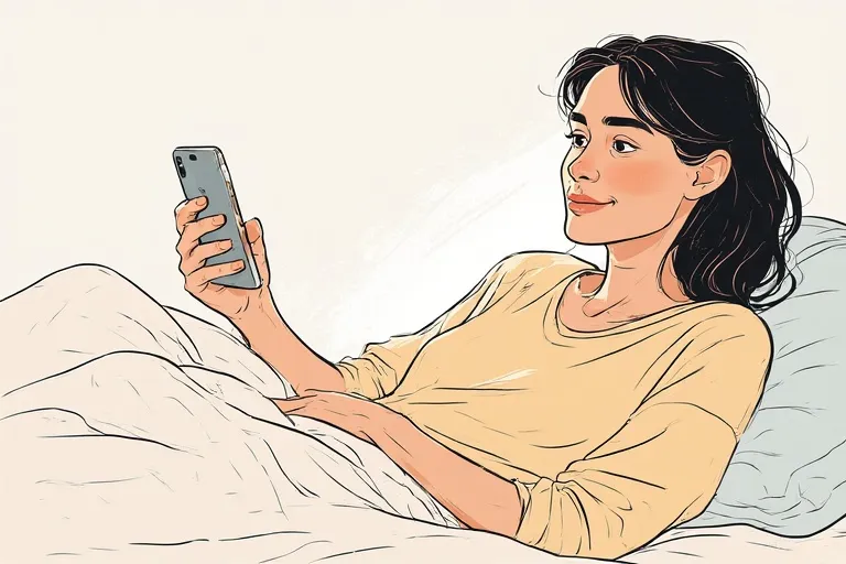 A 45-year-old woman is looking at her phone while lying in bed