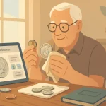 A retired man observes a 1922 Silver Dollar, handling it with a piece of cloth.