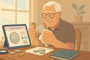 A retired man observes a 1922 Silver Dollar, handling it with a piece of cloth.