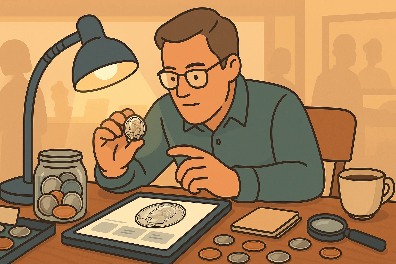 A coin dealer examines a 1922 dollar under the bright light.