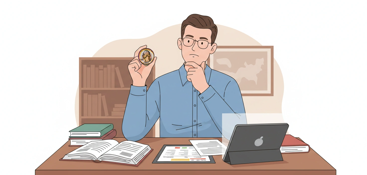A coin dealer reviewing price guides while holding a 1993 Washington quarter