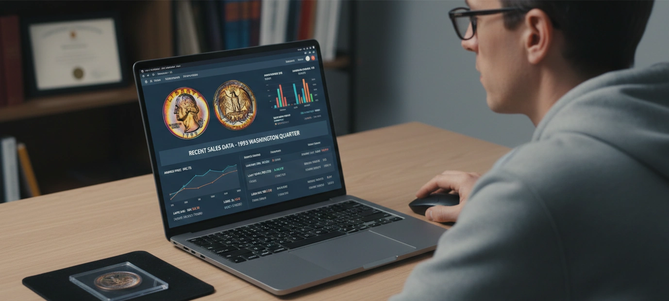 A collector checking recent sales data for a 1993 Washington quarter on a laptop